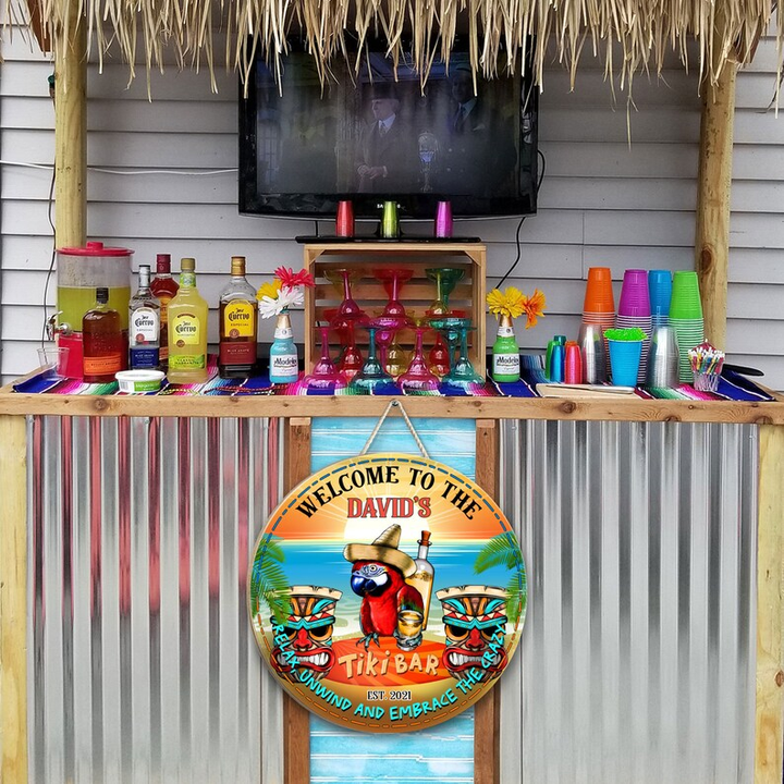 Welcome To Tiki Bar Parrot Custom Round Wood Sign