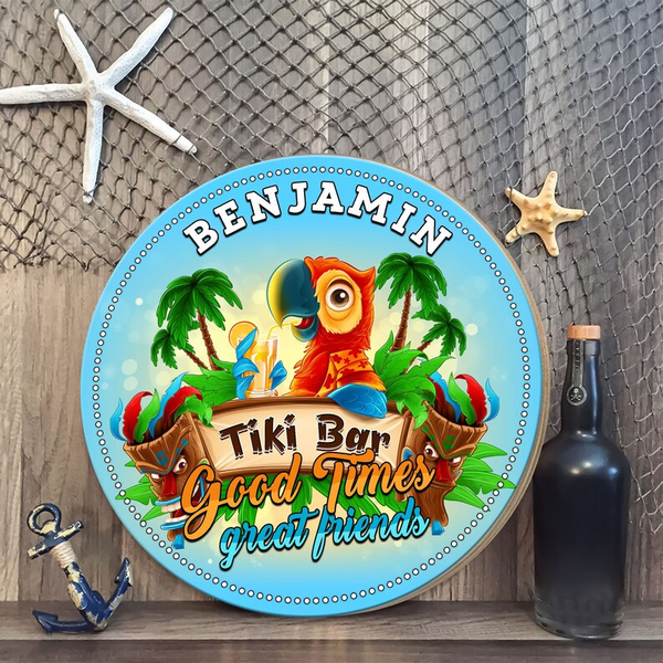 Tiki Bar Tropical Drinking Parrots Custom Round Wood Sign