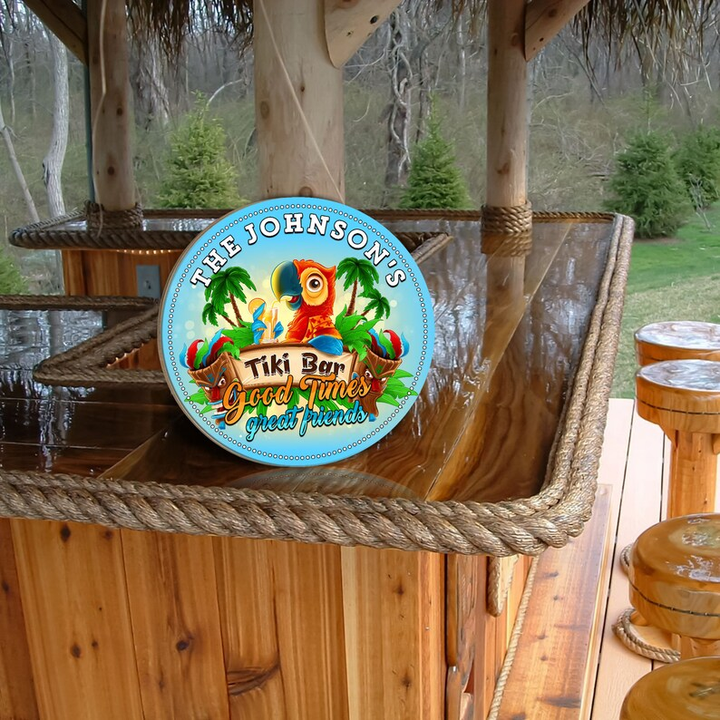 Tiki Bar Tropical Drinking Parrots Custom Round Wood Sign