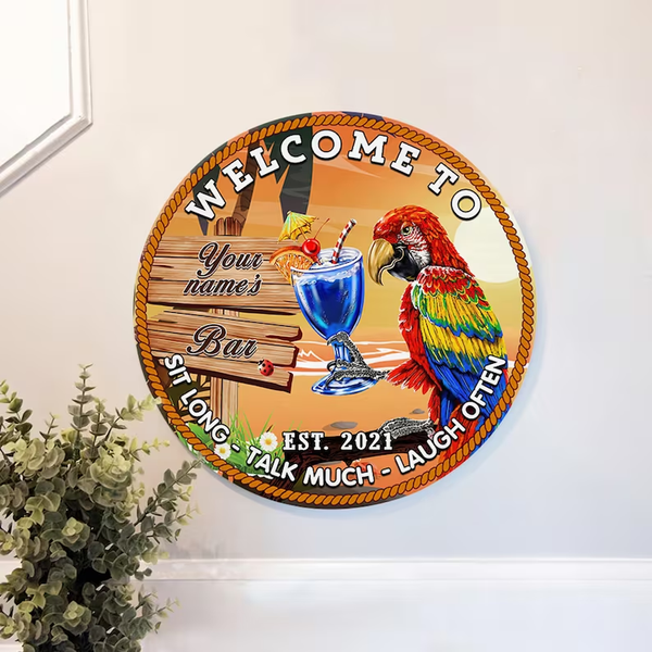 Tiki Bar Five O'clock Tropical Parrot Custom Round Wood Sign