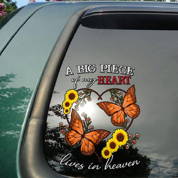 Big Piece On My Heart Lives In Heaven Butterfly Memorial Custom Text Vinyl Car Decal Sticker