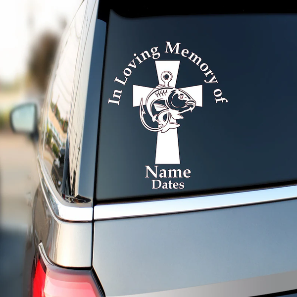 In Loving Memory Fish Cross Decal Memorial Custom Text Vinyl Car Decal Sticker