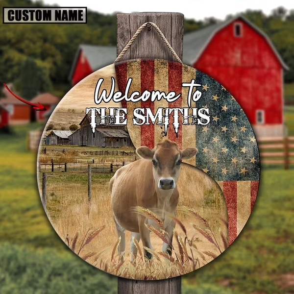 Jersey Cow On The Farm American Flag Custom Round Wood Sign