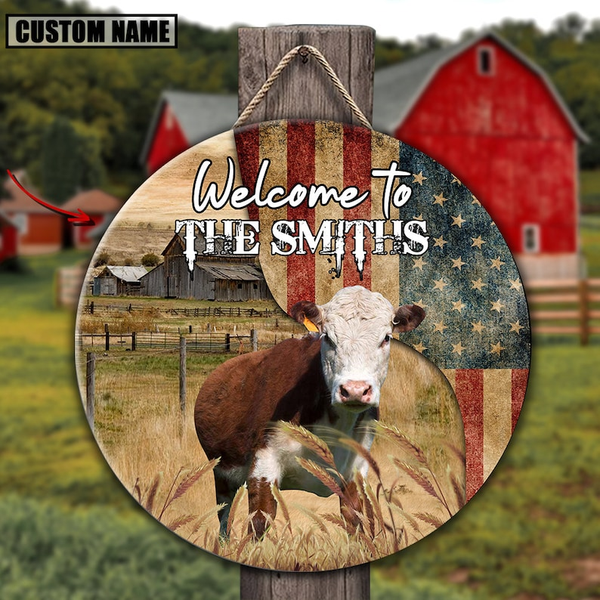 Hereford Cow On The Farm American Flag Custom Round Wood Sign