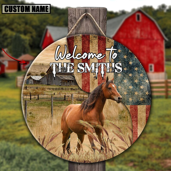 Horse On The Farm American Flag Custom Round Wood Sign