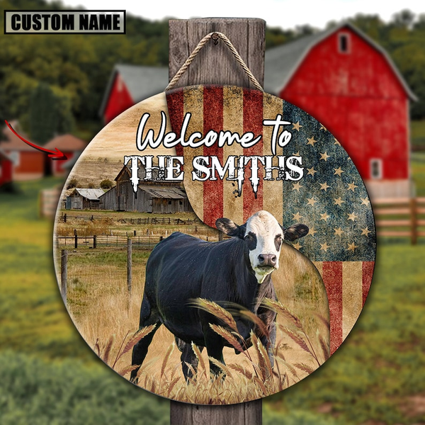 Black Baldy Cow On The Farm Round American Flag Custom Round Wood Sign WN1725