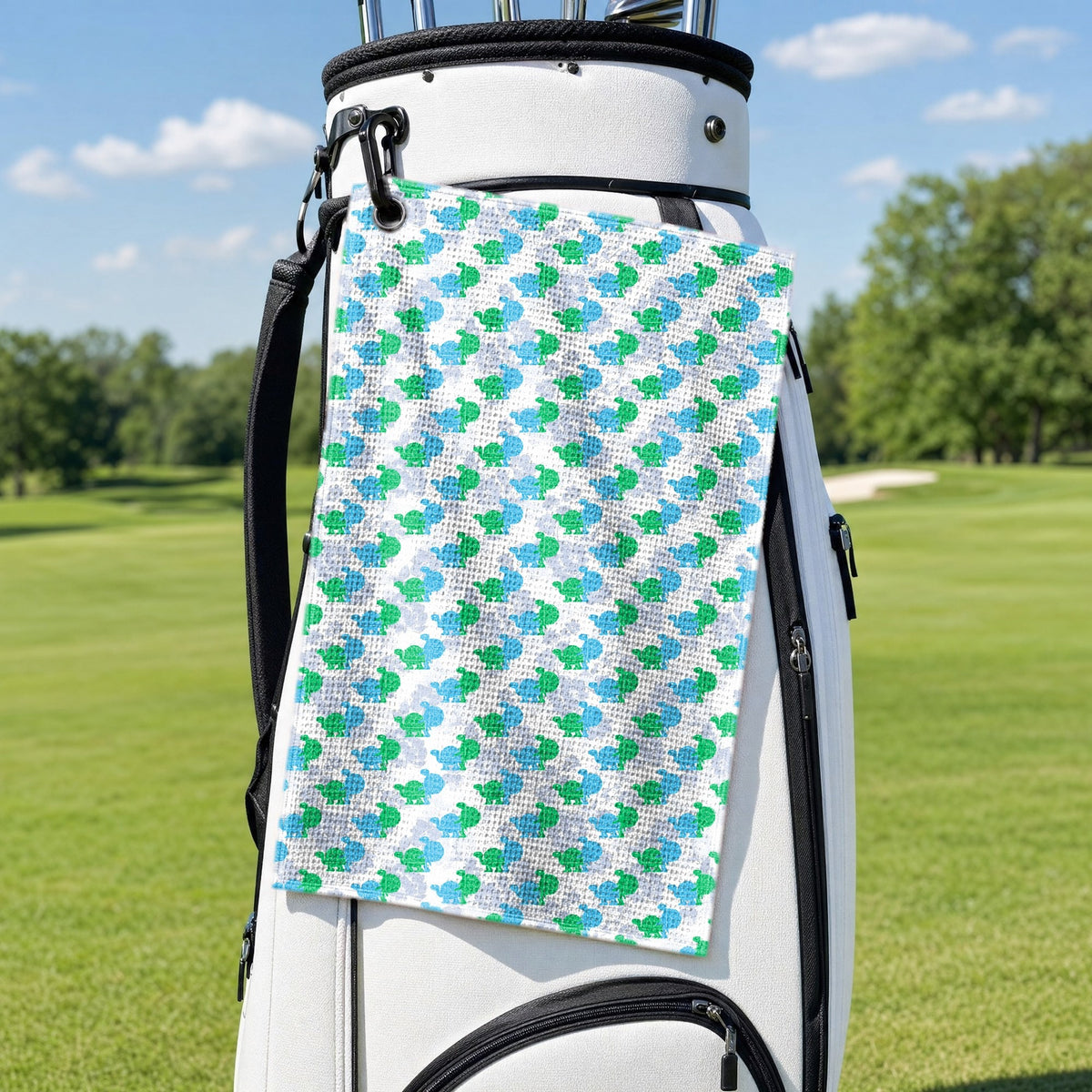 Love Turtles Golf Towel - Hanging on a Golf Bag