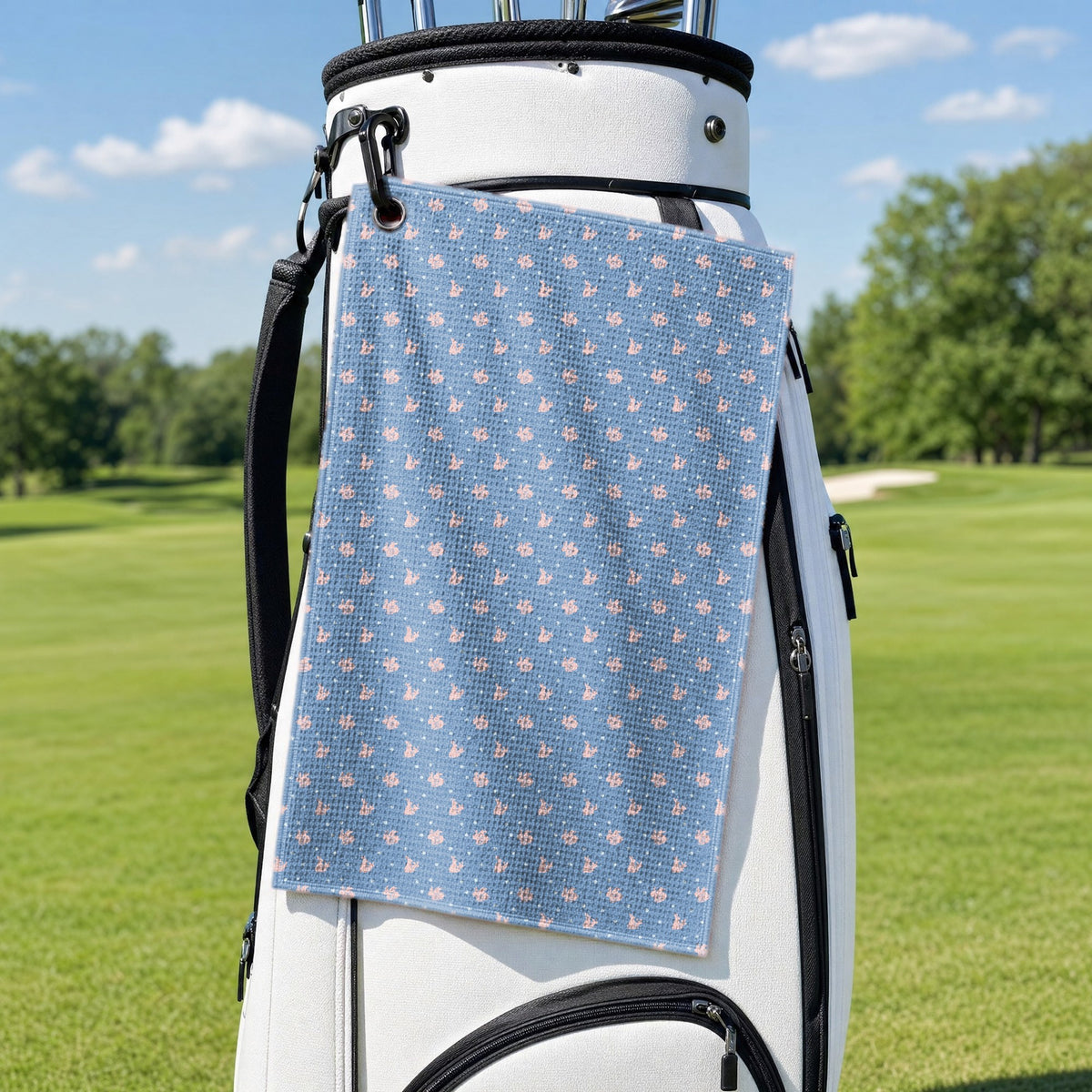 Lovers Rabbits Golf Towel - Hanging on a Golf Bag