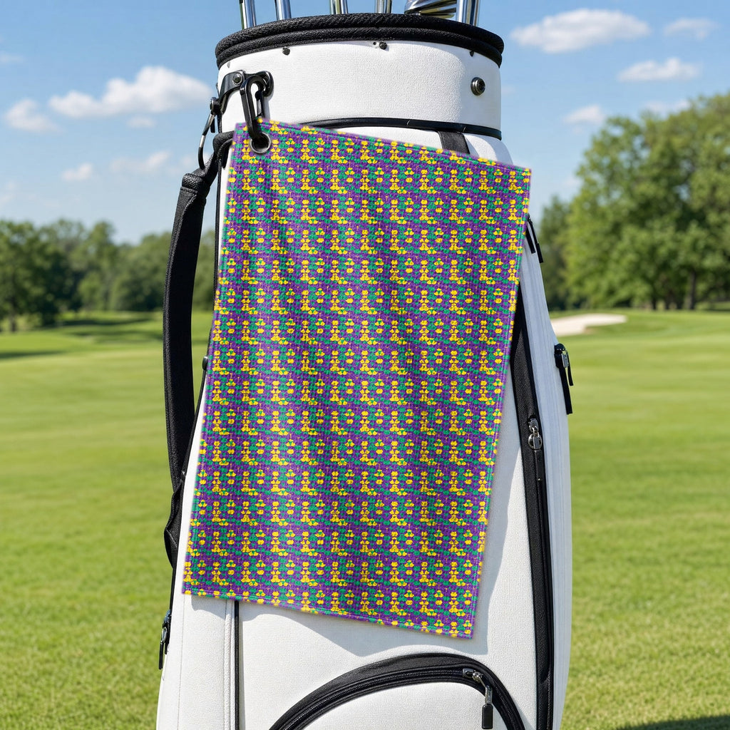 Mardi Cheeks Golf Towel - Hanging on a Golf Bag