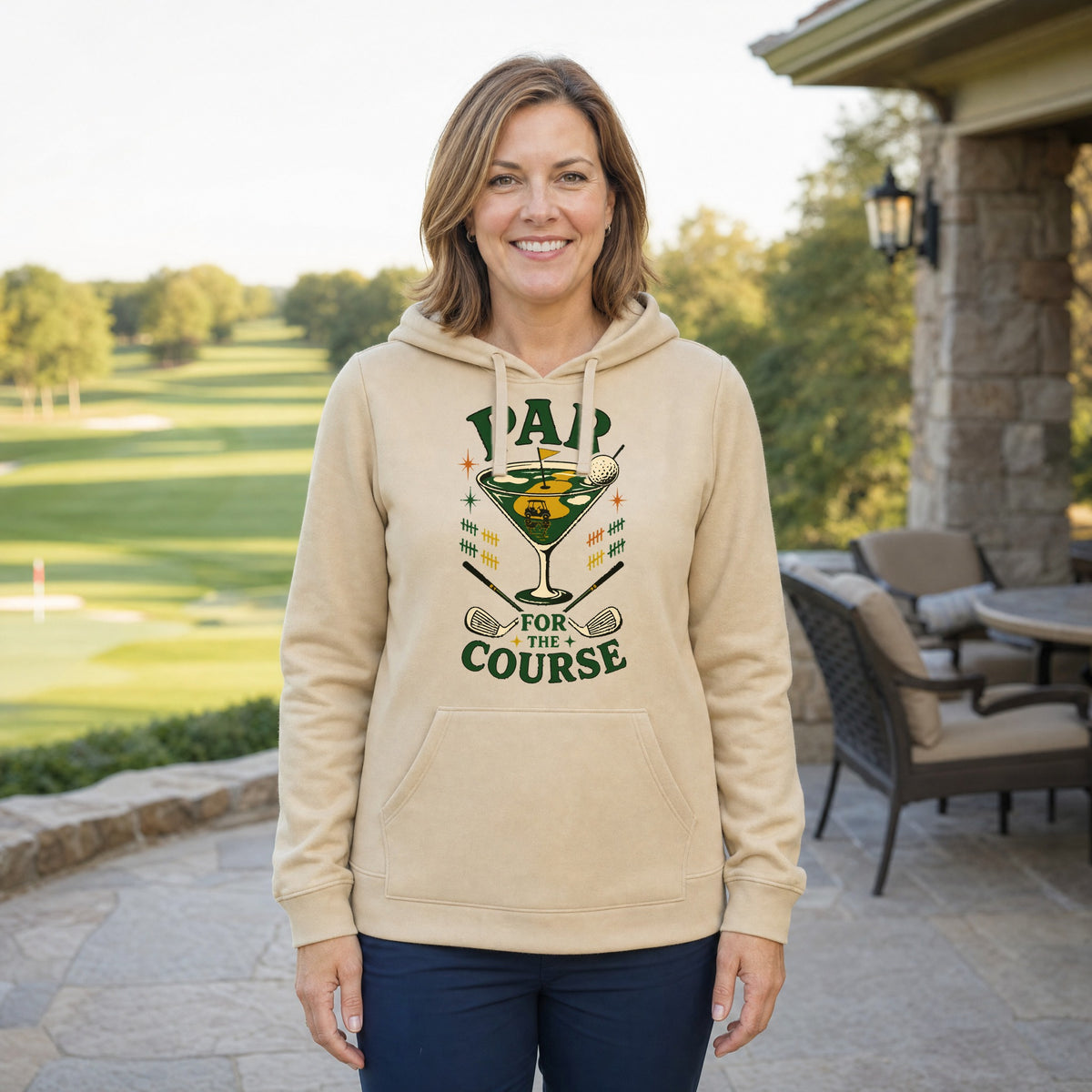 Par for the Course Hoodie - Women's Model Front on the Course, Sand