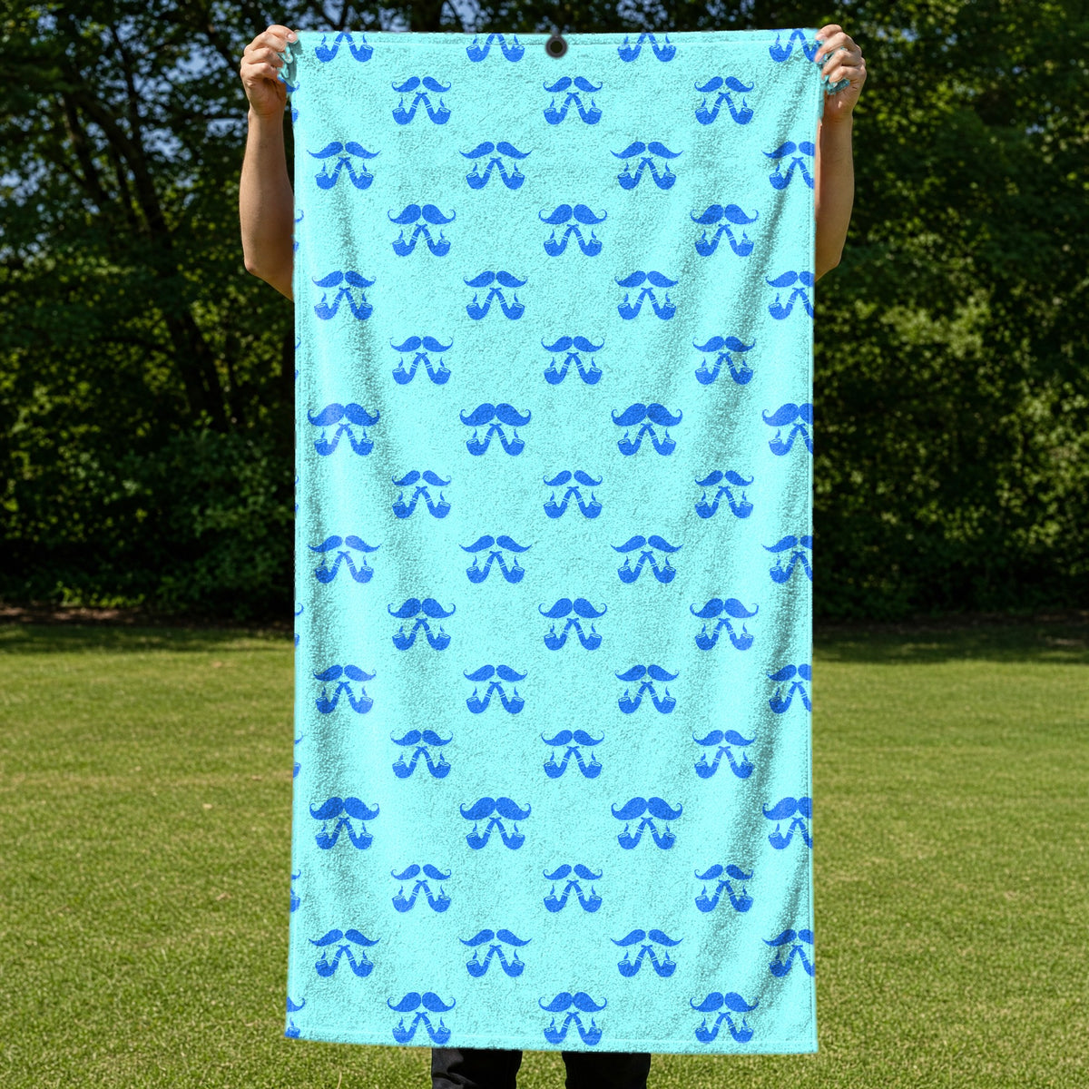 Moustache Blue Full-Size Towel & Car Seat Cover - Held Open