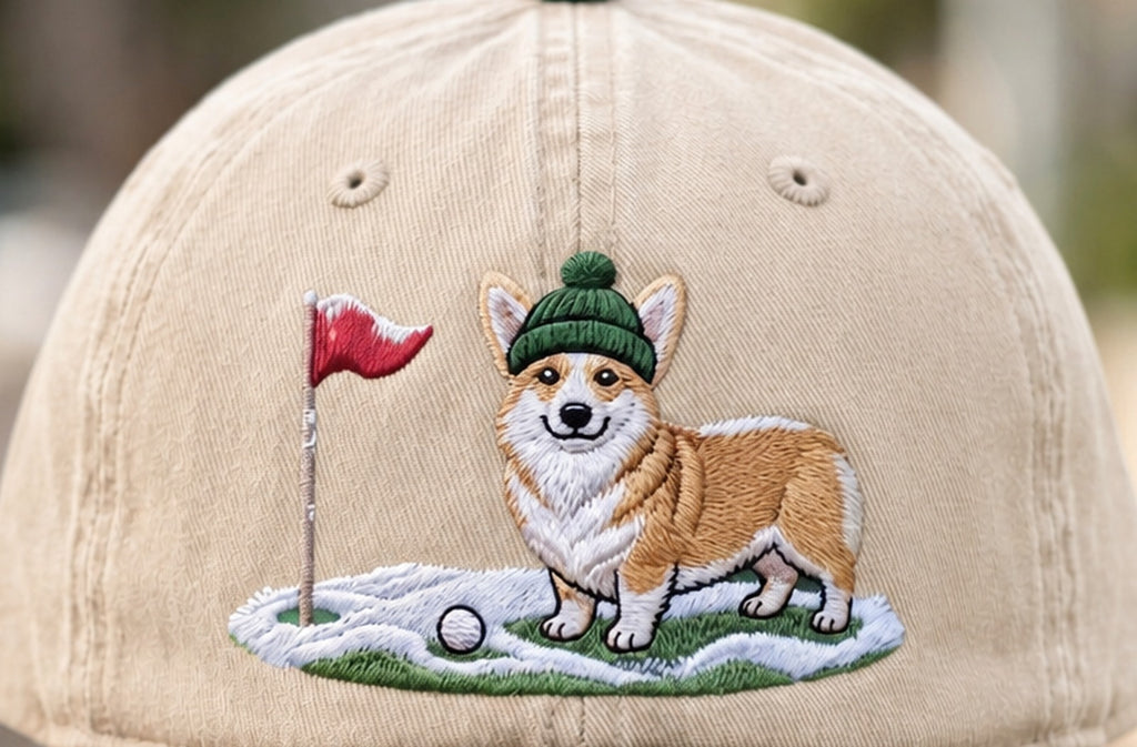 Corgi Golfer Winter Golf Two-Tone Hat - Embroidery Close-up