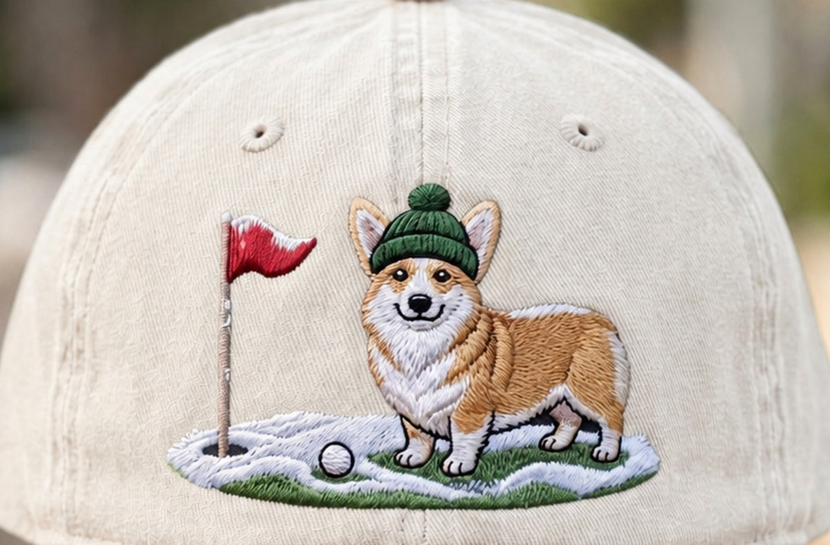 Corgi Golfer Winter Golf Floral & Leopard Brim Hat - Embroidery Close-up
