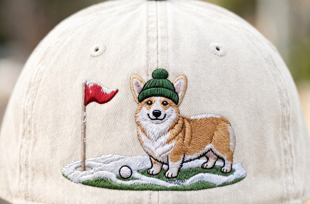 Corgi Golfer Winter Golf Gingham & Stripe Brim Hat - Embroidery Close-up