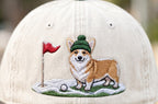 Corgi Golfer Winter Golf Gingham & Stripe Brim Hat - Embroidery Close-up