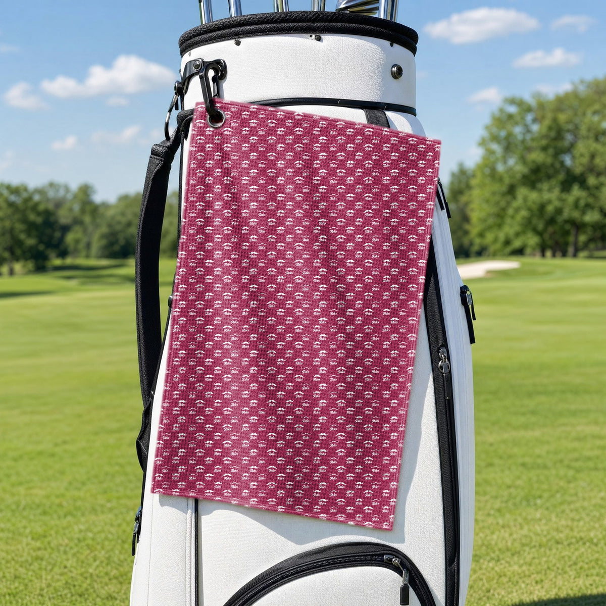 Mustache Rides Performance Golf Towel - Hanging on a Golf Bag