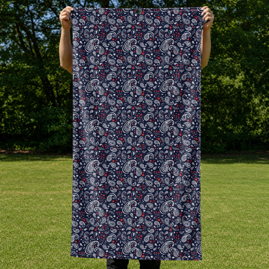 Navy Paisley Full-Size Towel & Car Seat Cover - Held Open