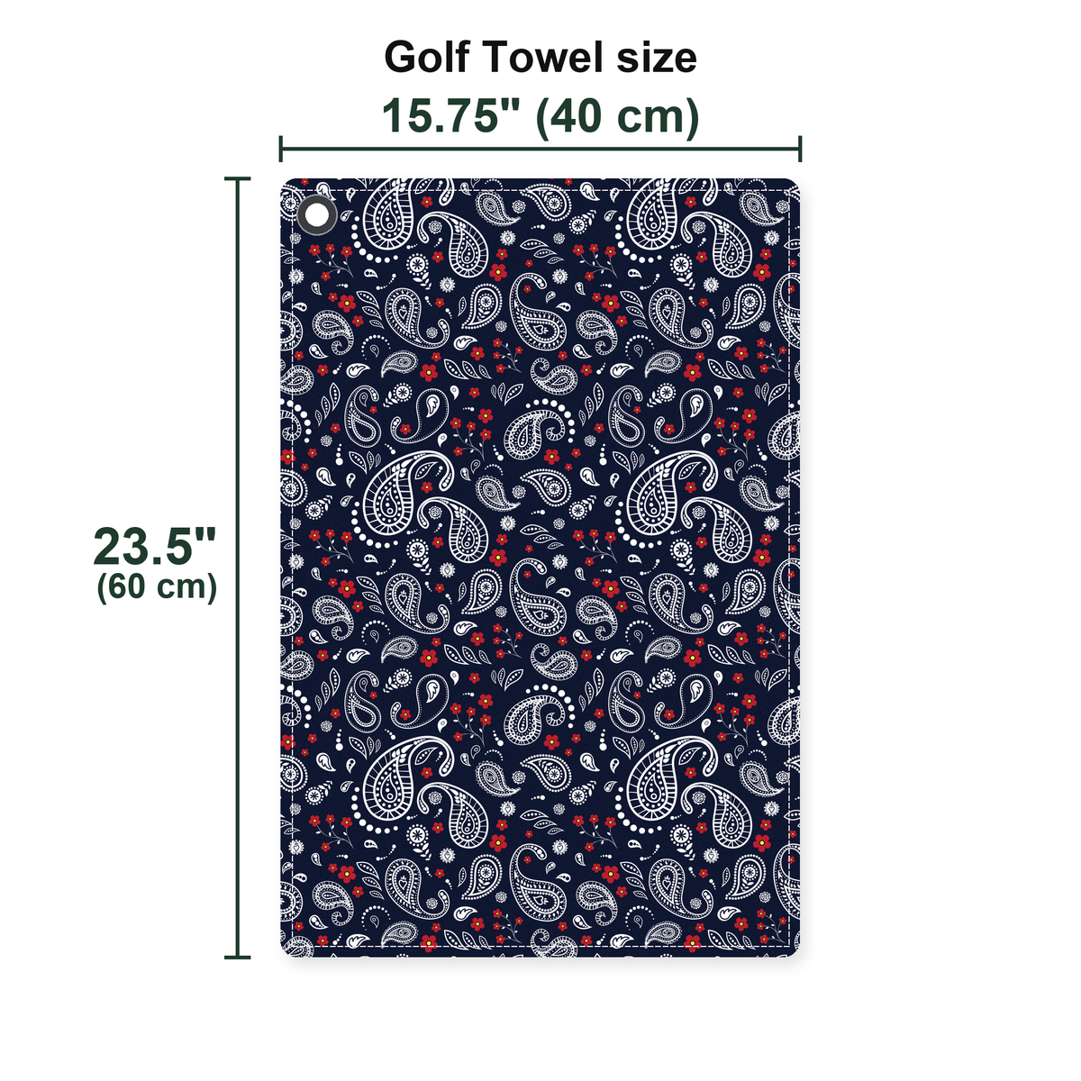 Navy Paisley Golf Towel - Size Chart