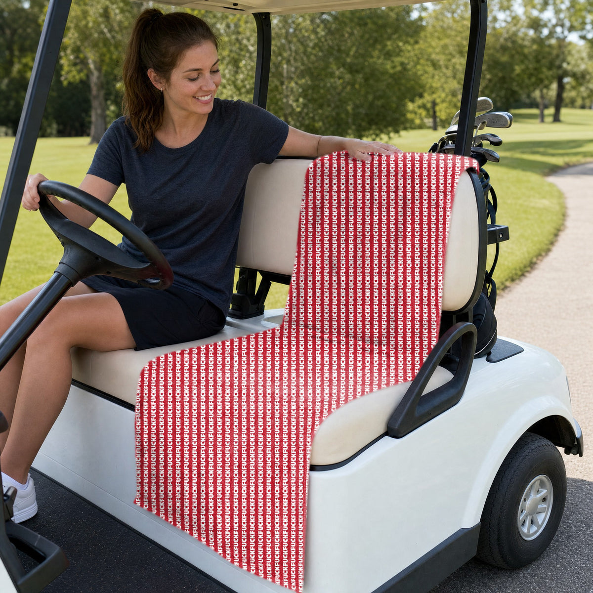 No F*cks Given Striped Full-Size Towel & Car Seat Cover - On a Golf Cart Seat