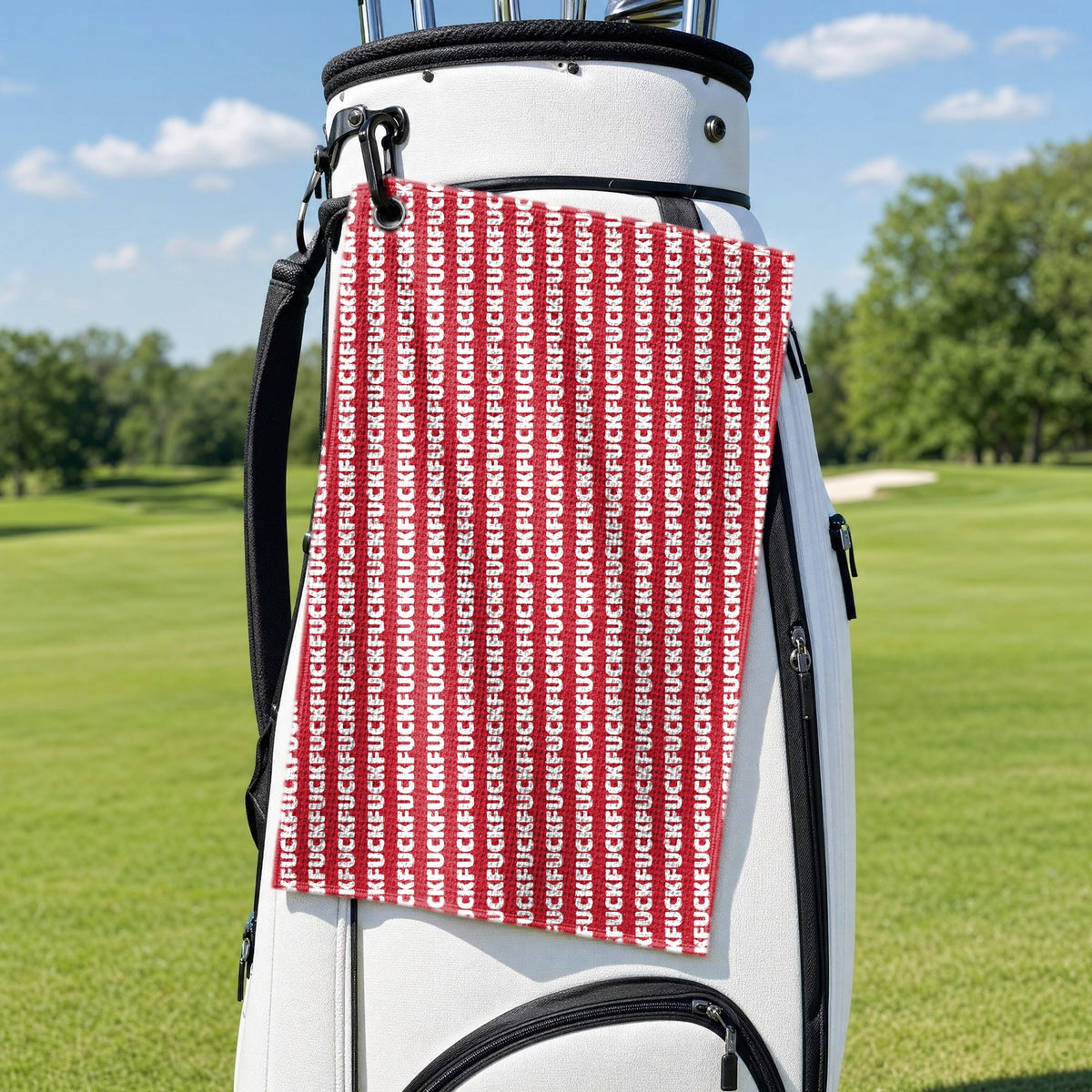 No F*cks Given Striped Golf Towel - Hanging on a Golf Bag