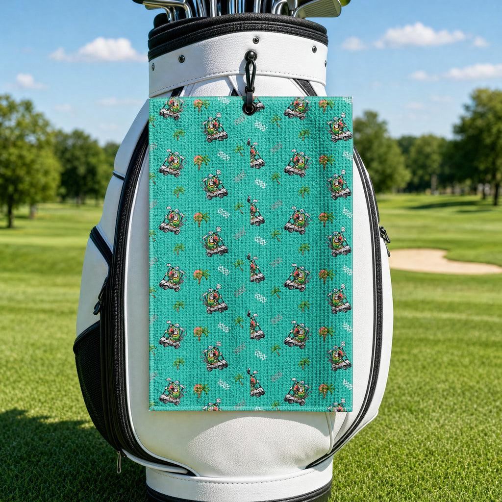 Parrot Drives Golf Cart Golf Towel - Hanging on a Golf Bag