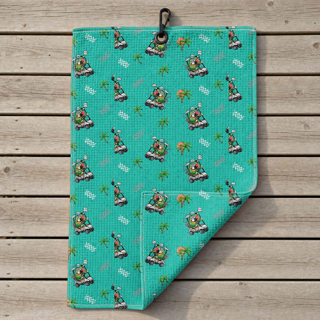 Parrot Drives Golf Cart Golf Towel - Laid Flat
