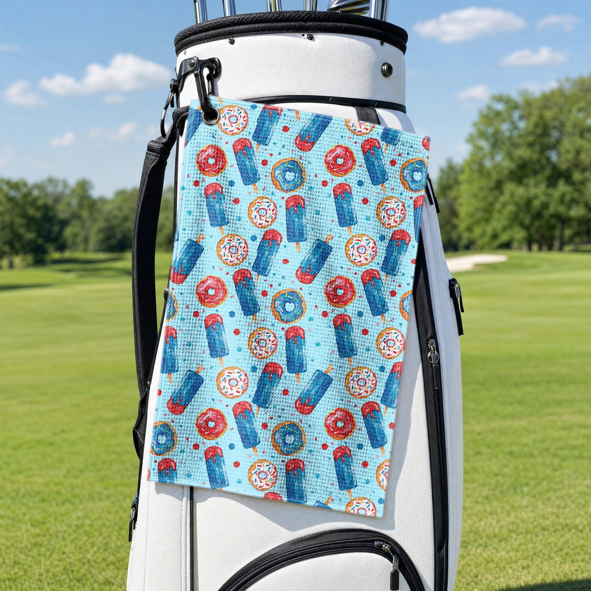 Patriotic Rocket Ice-Pop Golf Towel - Hanging on a Golf Bag