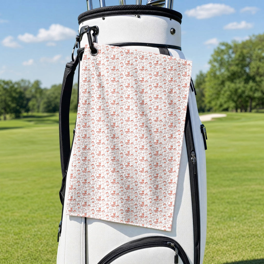 Peach & Par Golf Towel - Hanging on a Golf Bag