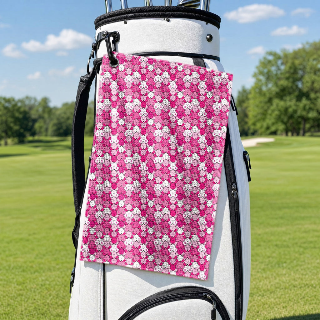 Pink Ribbon Golf Towel - Hanging on a Golf Bag