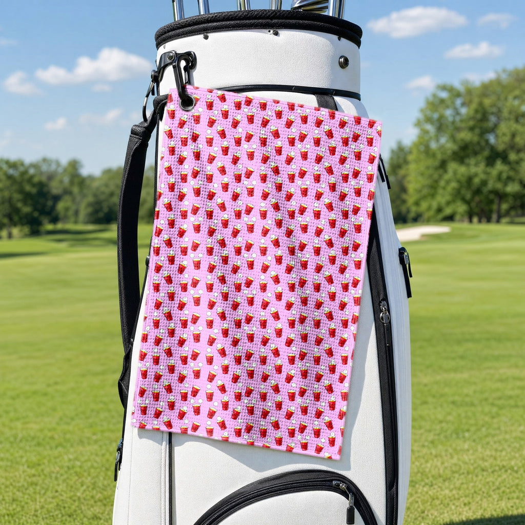 Red Solo Cup Golf Towel - Hanging on a Golf Bag