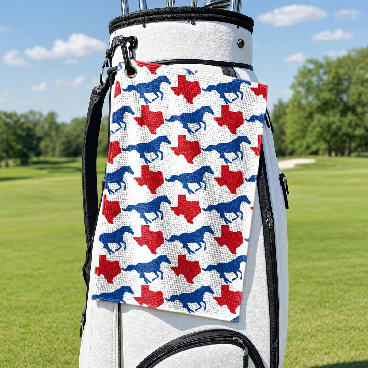 Ride ‘Em Golf Towel - Hanging on a Golf Bag