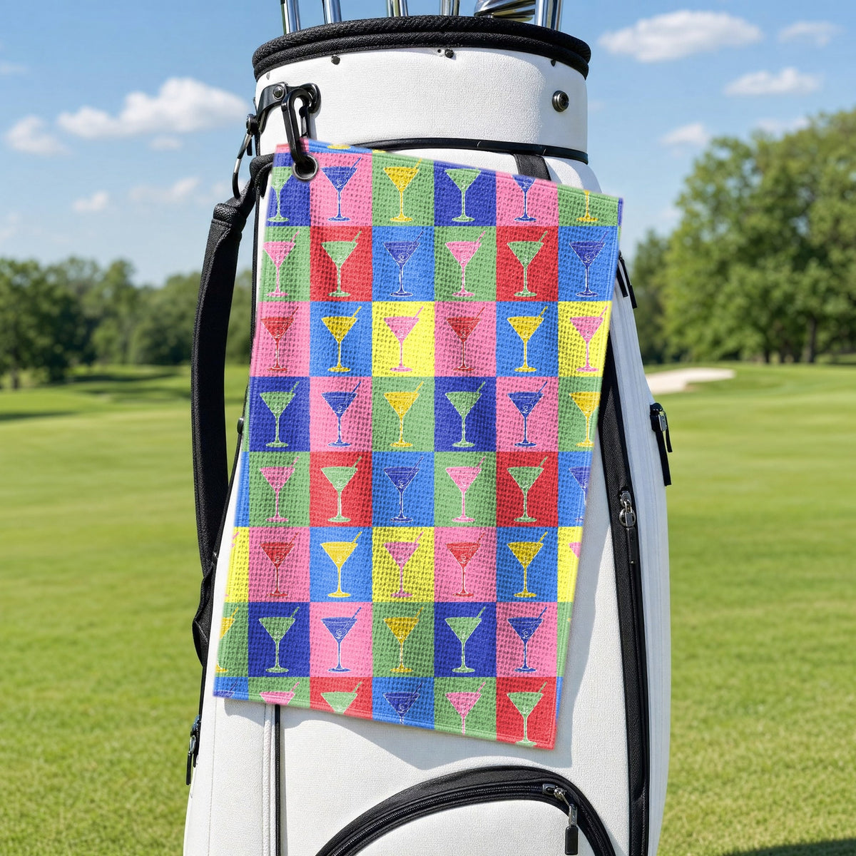 Shaken, Not Stirred Martini Golf Towel - Hanging on a Golf Bag
