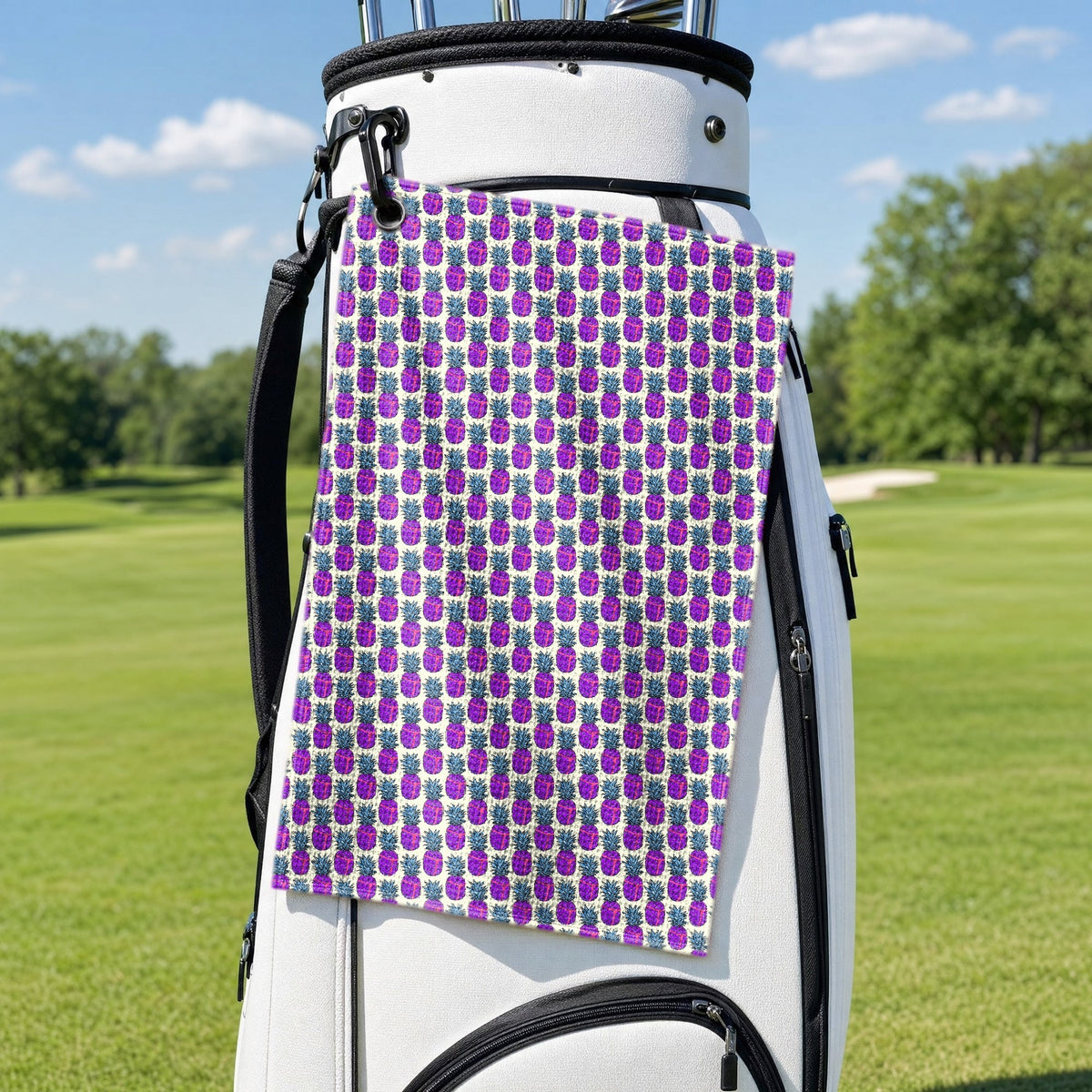 Slutty Pineapple Golf Towel - Hanging on a Golf Bag