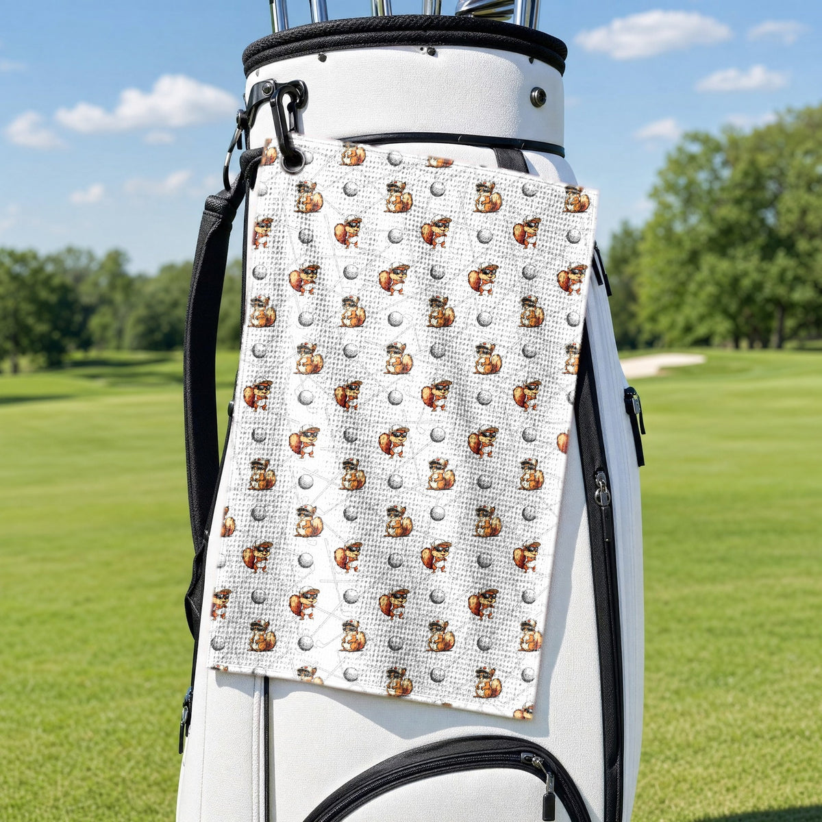 Squirrel Golf Towel - Hanging on a Golf Bag