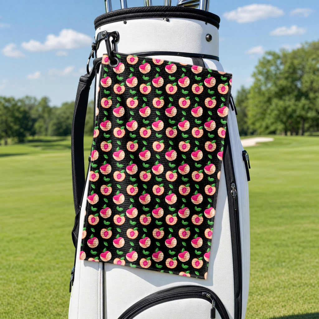 Sweet Peach Charm Golf Towel - Hanging on a Golf Bag