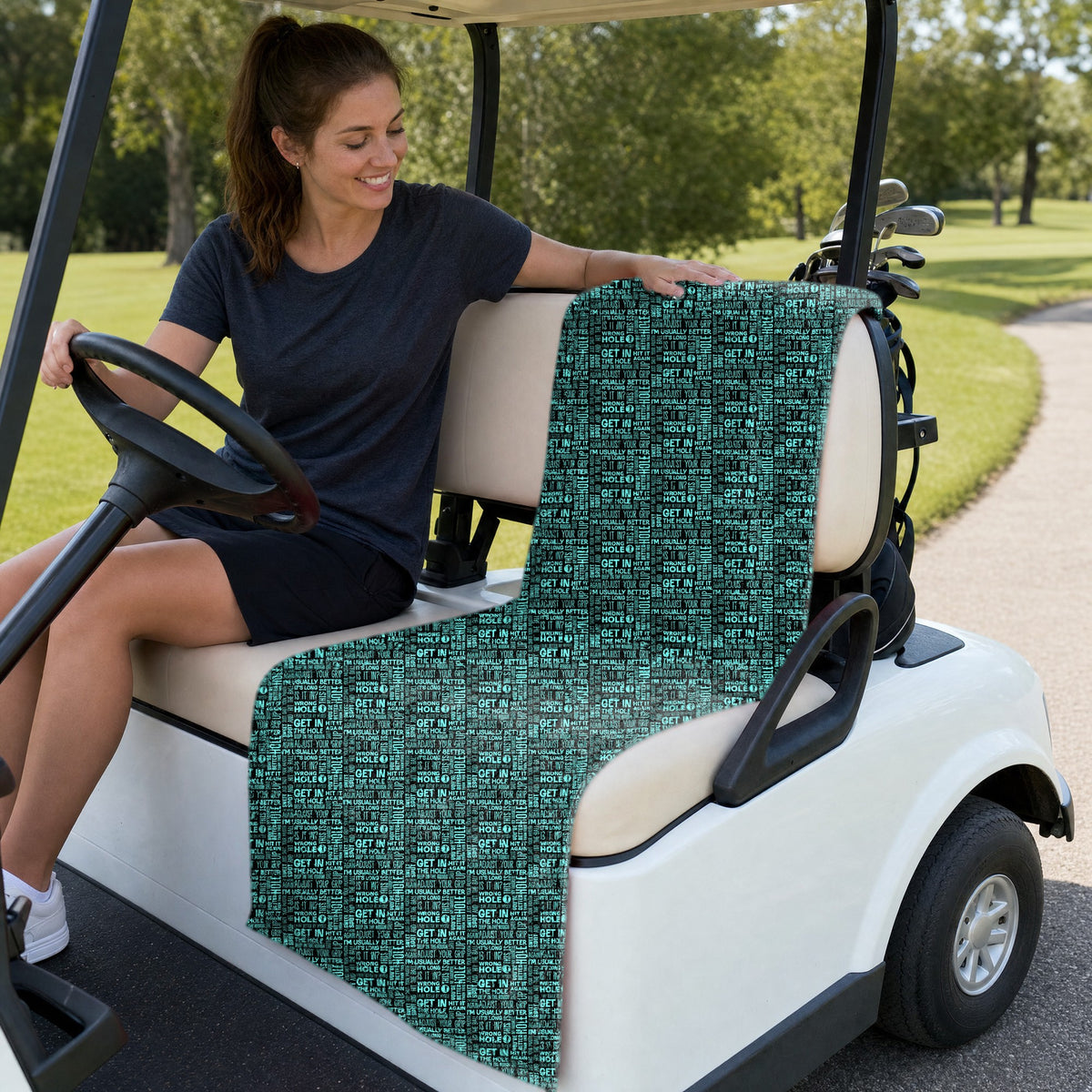 That What's She Said v2 Full-Size Towel & Car Seat Cover - On a Golf Cart Seat