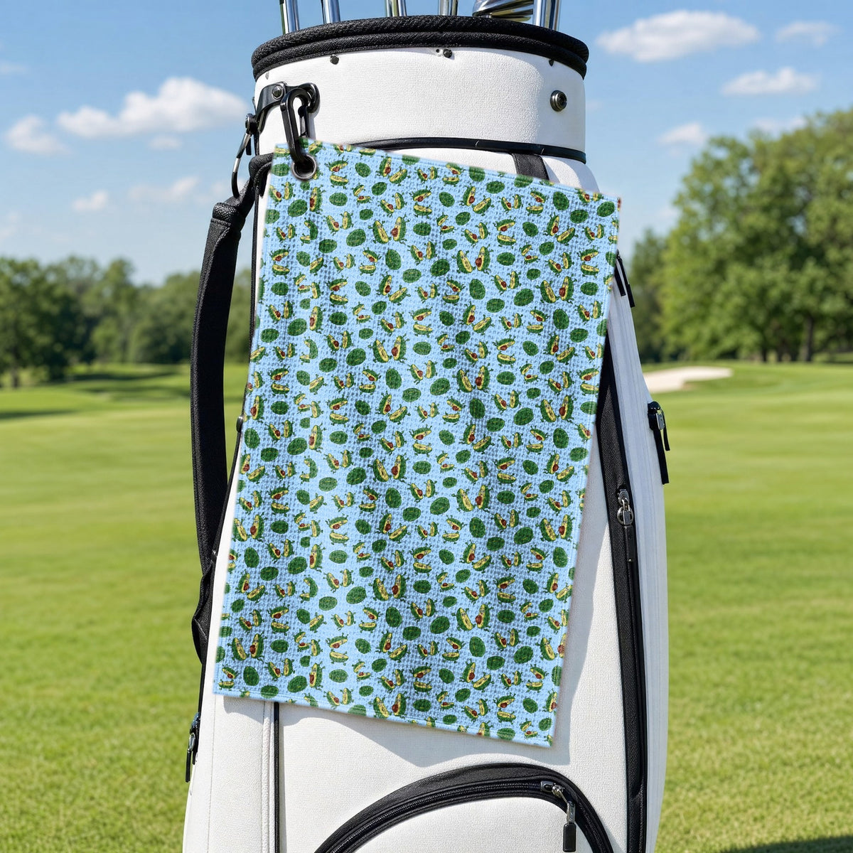 The Avocado Jump Golf Towel - Hanging on a Golf Bag