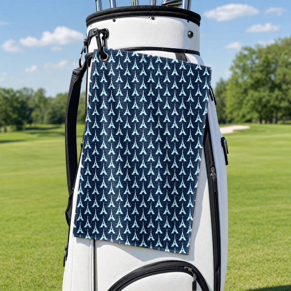 The City Of Lights Golf Towel - Hanging on a Golf Bag