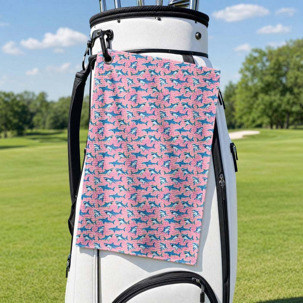 The Pink Sharks Golf Towel - Hanging on a Golf Bag