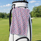 The Pink Sharks Golf Towel - Hanging on a Golf Bag