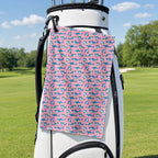 The Pink Sharks Golf Towel - Hanging on a Golf Bag
