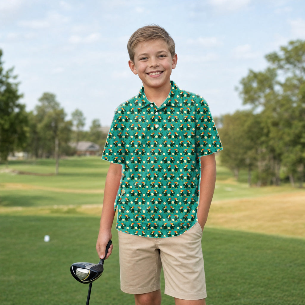 Toucan Tee Time Youth Golf Polo - Model Front