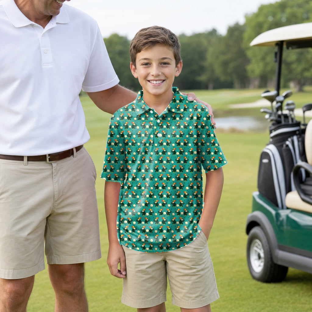 Toucan Tee Time Youth Golf Polo - Model Front with Dad