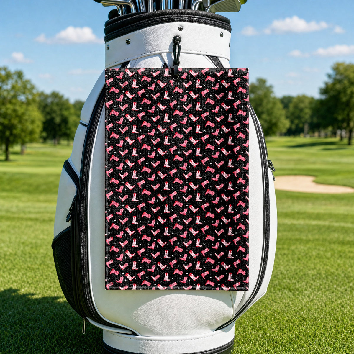Western Tee Haw Let's Go Cowgirl Boots Golf Towel - Hanging on a Golf Bag