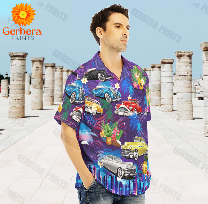 Vintage Hot Rod Car Sunset Beach Hawaiian Shirt | For Men & Women | Adult | WT1053-Hawaii Shirt Premium-Gerbera Prints.