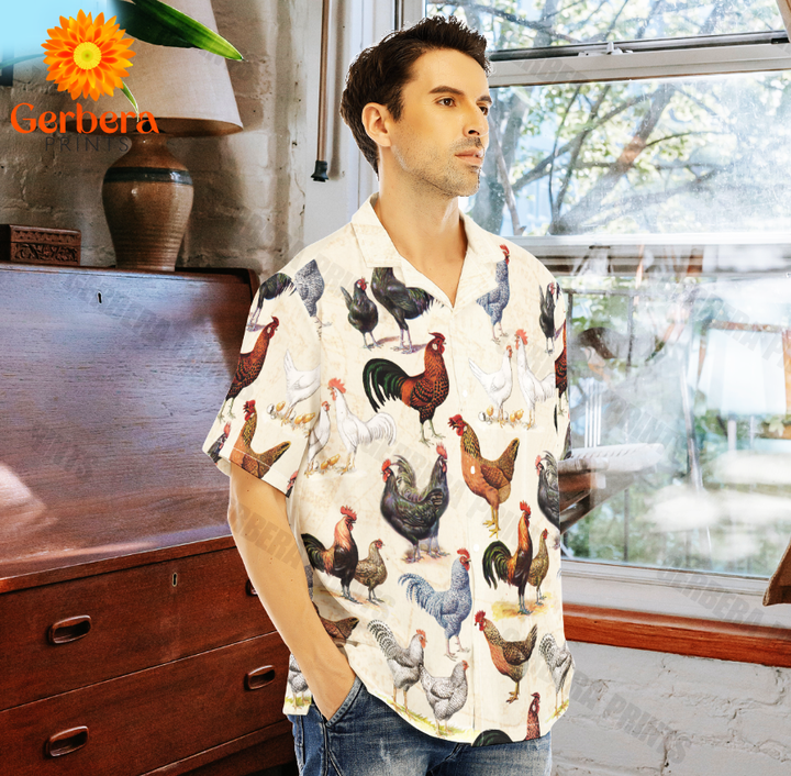 Different Breeds of Chickens Pattern White Aloha Hawaiian Shirts For Men And For Women WT1904