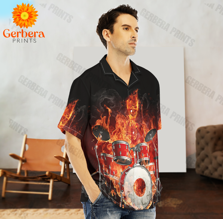 Drum And Fire Black And Red Instrument Music Aloha Hawaiian Shirts For Men And Women WT5975