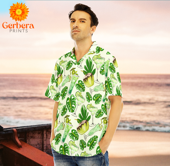 Fresh Margarita Cocktails Tropical Green And White Aloha Hawaiian Shirts For Men And For Women WT6264