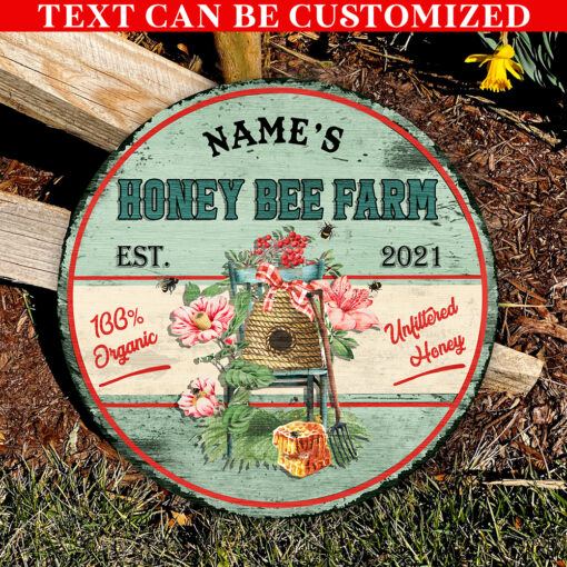 100 Organic Honey Bee Farm Custom Round Wood Sign | Home Decoration | Waterproof | WN1074-Colorful-Gerbera Prints.