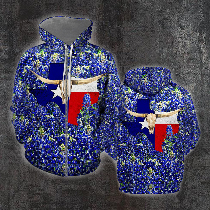 Texas Skull Bluebonnet 3D All Over Print | Unisex | Adult | HP1838-Zip Hoodie-Gerbera Prints.